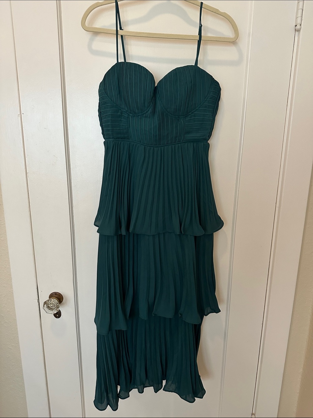 Lulus Pleated Teal Green Tiered Spaghetti-Strap Dress